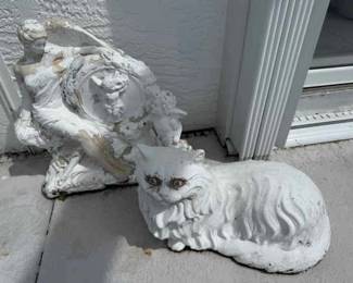 Lot Of 2 Outdoor Stone Statues Cat And Cherub Theme VERY HEAVY