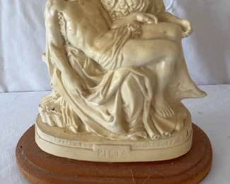 Vintage PIETA Mary And Jesus Sculpture w wood Base 9 Inches Tall