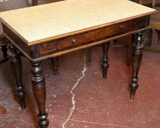 Vintage Wood Library Table With Leather Top