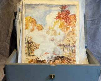 Wood Box Full of Watercolor Paintings