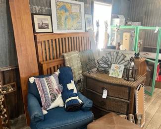 62. Denim Chair, Queen Headboard, Wicker Style Dresser