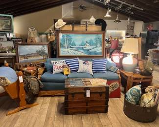 2. Solid wood Sofa, Antique Trunk, Pillows, Paintings etc.
