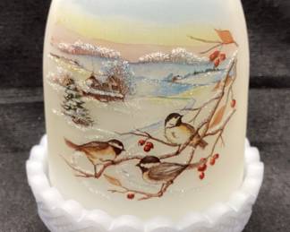 FENTON ART GLASS FAIRY LAMP, BIRDS IN SNOW SIGNED S. JACKSON
