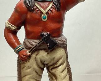 CAST IRON NATIVE AMERICAN INDIAN CHIEF w TOMAHAWK COIN BANK, 10in H
