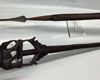  AFRICAN MAHOGANY WALKING STICK AND AFRICAN TRIBAL SPEAR
