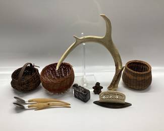 Bone And Soapstone Miniatures, Baskets, Stag ANTLER