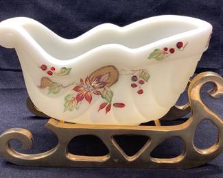 FENTON ART GLASS SNOW SLEIGH ON BRASS STAND HAND PAINTED BY S. ALLMAN