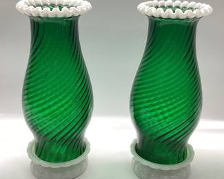 PAIR OF FENTON EMERALD GREEN SNOW CREST SPIRAL HURRICANE LAMP CANDLE HOLDERS, 11in H NO SHIPPING PICKUP ONLY