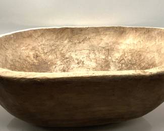 2 ANTIQUE WOODEN DOUGH BOWLS 2 ANTIQUE WOODEN DOUGH BOWLS. LARGE IS 28 INCHES FROM HANDLE TO HANDLE. SMALLER IS 18 INCHES IN DIAMETER. SMALLER BOWL HAS CRACK