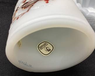 FENTON ART GLASS FAIRY LAMP, BIRDS IN SNOW SIGNED S. JACKSON