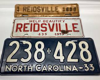 1954 REIDSVILLE LICENSE PLATE TOPPER, 1933 N.C. PLATE, AND 1979 REIDSVILLE HELP BEAUTIFY PLATES