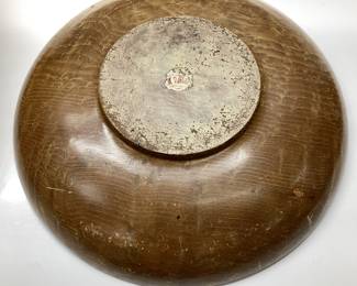 (2) Antique Wooden Bowls, Vtg Signed Basket 1 WOODBURY WOODWORK BOWL 12 INCH DIAMETER, 1 ANTIQUE BOWL MARKED 1936 8 INCH DIAMETER, WOVEN BASKET SIGNED SHARON BLAKE 5/91 13 INCH DIAMETER
