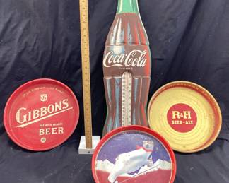 VTG COKE, R&H BEER, GIBBONS BEER MEMORABILIA COKE COLA THERMOMETER (DAMAGED CAPILLARY TUBE), COKE, GIBBONS AND R&H ROUND TRAYS