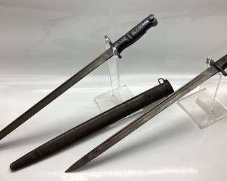 2 WW1 BAYONETS 1917 WINCHESTER, 1907 WILKINSON, 2 WW1 BAYONETS, RARE 1917 U.S ISSUE WINCHESTER. U.S 1917 WITH FIRST TYPE-FIRST VARIATION SCABBARD. BRITISH 1907 WILKINSON