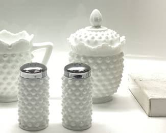 FENTON HOBNAIL MILK GLASS CONDIMENTS SET FENTON HOBNAIL MILK GLASS CONDIMENTS SET SALT, PEPPER, CREAM, SUGAR (WITH LID)