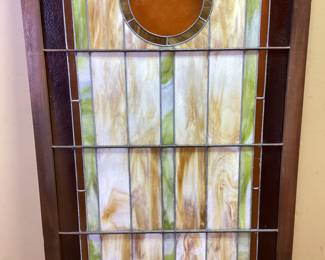  LARGE STAIN GLASS WOOD FRAMED PANEL, 62in by 40in HAS SMALL CRACK IN 1 AREA, REF. PICS NO SHIPPING PICKUP ONLY