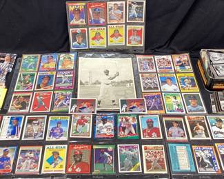 AUTOGRAPHS AND SPORT CARD LOT, MLB, NFL LARGE SPORTS CARD LOT WITH AUTOGRAPHS OF KIRBY HIGBE, HAROLD BAINES, BUD HARRELSON. GREENSBORO FARM TEAM PHOTO OF JOHN MAYBERRY, CARDS OF JOSE CONSECO, WADE BOGGS, YOGI BERRA, MARK MCGWIRE, CAL RIPKEN, DAN MARINO, AND MORE