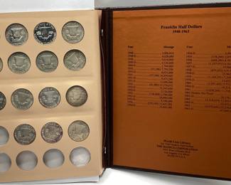 35 BENJAMIN FRANKLIN HALF DOLLARS A BOOK WITH 35 BENJAMIN FRANKLIN HALF DOLLARS INCLUDING 1948,1949-S, 1953, 1955. 90% SILVER