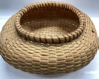 (2) Antique Wooden Bowls, Vtg Signed Basket 1 WOODBURY WOODWORK BOWL 12 INCH DIAMETER, 1 ANTIQUE BOWL MARKED 1936 8 INCH DIAMETER, WOVEN BASKET SIGNED SHARON BLAKE 5/91 13 INCH DIAMETER