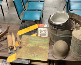 ASSORTED VINTAGE COLLECTIBLES, TIN, MILK CANS, SIGNS,