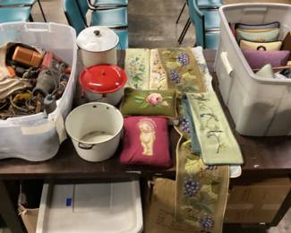 ASSORTED TABLE LOT, NEEDLE POINT, TOOLS, ENAMELWARE