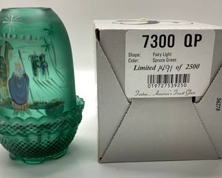 FENTON CHRISTMAS SPRUCE GREEN FAIRY LAMP HAND PAINT BY J. CUTSHAW #1491 of 2500, WITH BOX