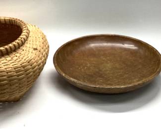 (2) Antique Wooden Bowls, Vtg Signed Basket 1 WOODBURY WOODWORK BOWL 12 INCH DIAMETER, 1 ANTIQUE BOWL MARKED 1936 8 INCH DIAMETER, WOVEN BASKET SIGNED SHARON BLAKE 5/91 13 INCH DIAMETER