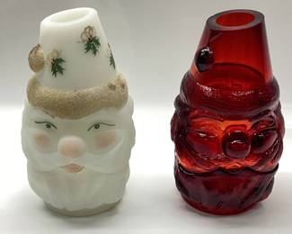 FENTON MILK SATIN & RED AMBERINA SANTA FAIRY LAMPS HAND PAINTED & SIGNED MILK SANTA