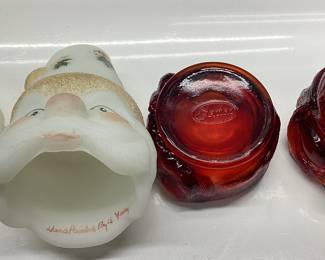 FENTON MILK SATIN & RED AMBERINA SANTA FAIRY LAMPS HAND PAINTED & SIGNED MILK SANTA
