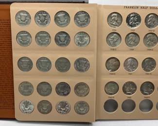 35 BENJAMIN FRANKLIN HALF DOLLARS A BOOK WITH 35 BENJAMIN FRANKLIN HALF DOLLARS INCLUDING 1948,1949-S, 1953, 1955. 90% SILVER