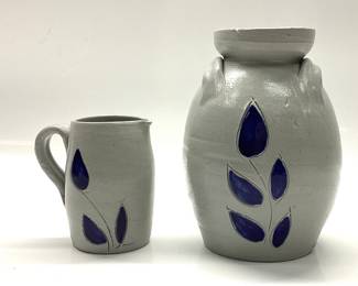 Williamsburg Pottery Virginia Stoneware 2 WILLIAMSBURG POTTERY VIRGINIA STONEWARE. SALT GLAZED BLUE LEAF PATTERN