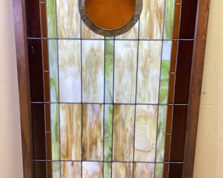  LARGE STAIN GLASS WOOD FRAMED PANEL, 62in by 40in HAS SMALL CRACK IN 1 AREA, REF. PICS NO SHIPPING PICKUP ONLY