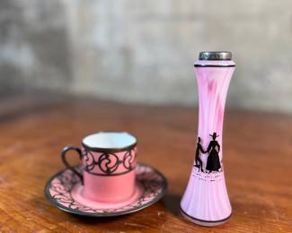 This lot features a collection of antique items with sterling silver accents throughout including a teacup and saucer manufactured by Rosenthal, and a pink vase with maker marks as shown in photos. All items are in very good condition.
