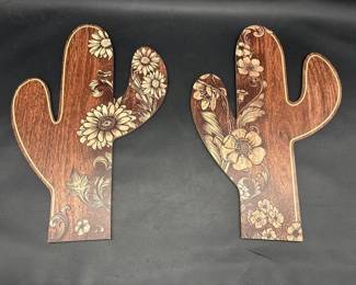 (2) Pressboard Cactus w/ Flower Wall Decor