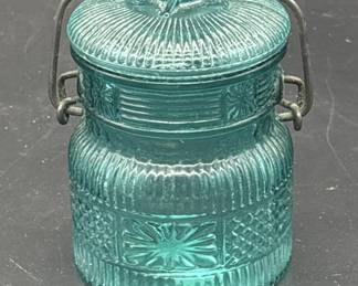 Vtg. Teal Pressed Glass Jar w/ Snap-Lock Lid