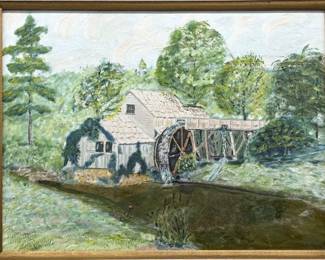 Old Mill Scene Oil on Canvas in Rustic Frame