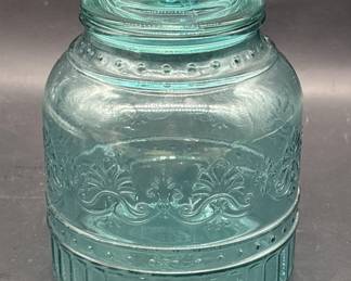 Pioneer Woman Pressed Teal Glass Jar & Lid