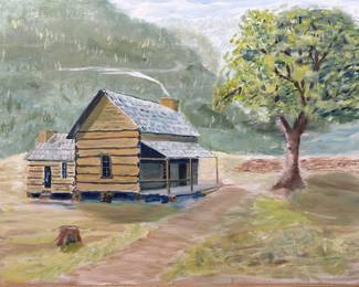 Old Farmhouse Scene Oil on Canvas in Rustic Frame