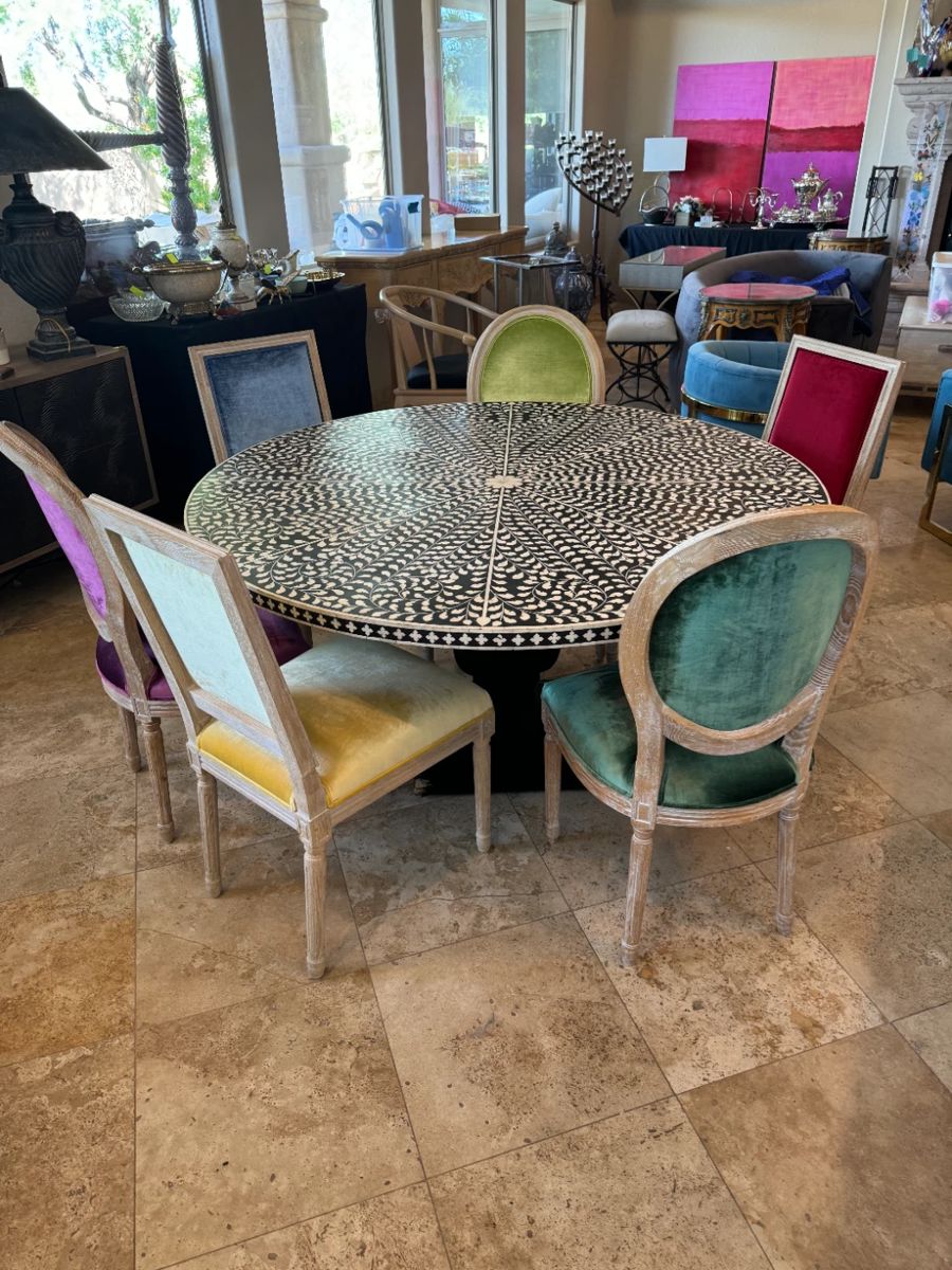 Velvet upholstered chairs & Bone Inlay Dining Table