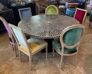 Velvet upholstered chairs & Bone Inlay Dining Table