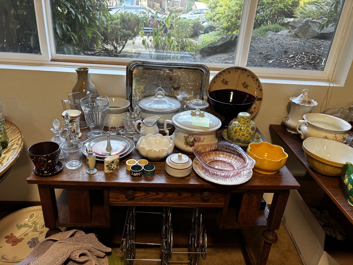 Large collection of glassware, china, serving pieces, and collectibles – crystal, vintage bowls, silver trays, tureens, and more. Perfect for collectors or everyday use.