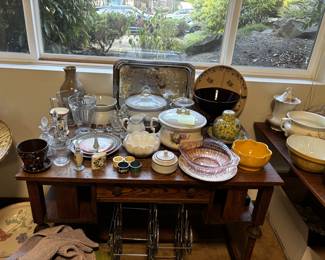 Large collection of glassware, china, serving pieces, and collectibles – crystal, vintage bowls, silver trays, tureens, and more. Perfect for collectors or everyday use.