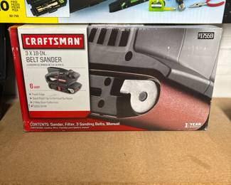 Craftsman 3” x 18” Belt Sander, 6 Amp – Brand new in original box, never used. Includes sander, filter, 3 sanding belts, and manual. Great for woodworking, refinishing, or DIY projects.