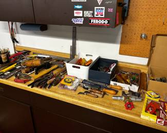 Big lot of hand tools – hammers, screwdrivers, pliers, chisels, levels, staple gun, and more. Mix of vintage and modern, all functional