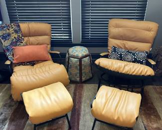 Pair of Orange Glider Chairs with Gliding Ottomans