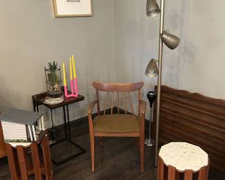 Pair of Marble Top Mid Century Tables, Chair and Pole Lamp