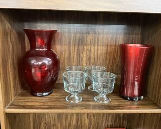 Ruby Red Glass Vase - Pressed Glass Footed Dessert Fruit Custard Cups - Ruby Red Vase