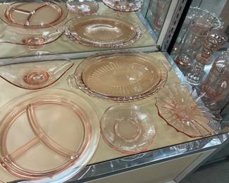 Assorted Pink Depression Glass: Smith Glass Divided Plate * Anchor Hocking "Mayfair " Open Rose Serving Platter * Fostoria Brocade Plate * Torte Platter Plate