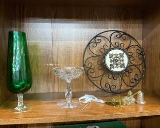 Empoli Green Pedestal Vase - Etched Glass Champagne Glass - Wrought Iron Wall Hanging - Bell Chime