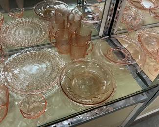 Assorted Pink Depression Glass Including : Jeanette Glass Buttons & Bows Platter * Arcoroc France Rosaline Rose Mugs * Embossed Fruit Bowl * Etched Glass Bowl